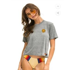 Aviator Nation Smiley Face Embroidery  Boyfriend Tee Size M Grey Crop